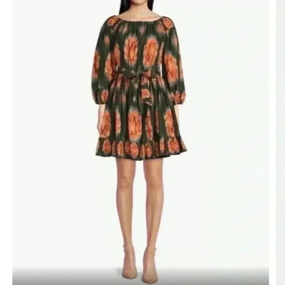 A Loves A Hunter Green Orange Floral All Cotton Dress 3/4 Sleeve Size Large